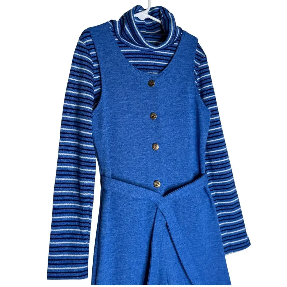 1970s Pic-Nics by Her Majesty Blue Knit Jumpsuit Turtleneck Set USA XS